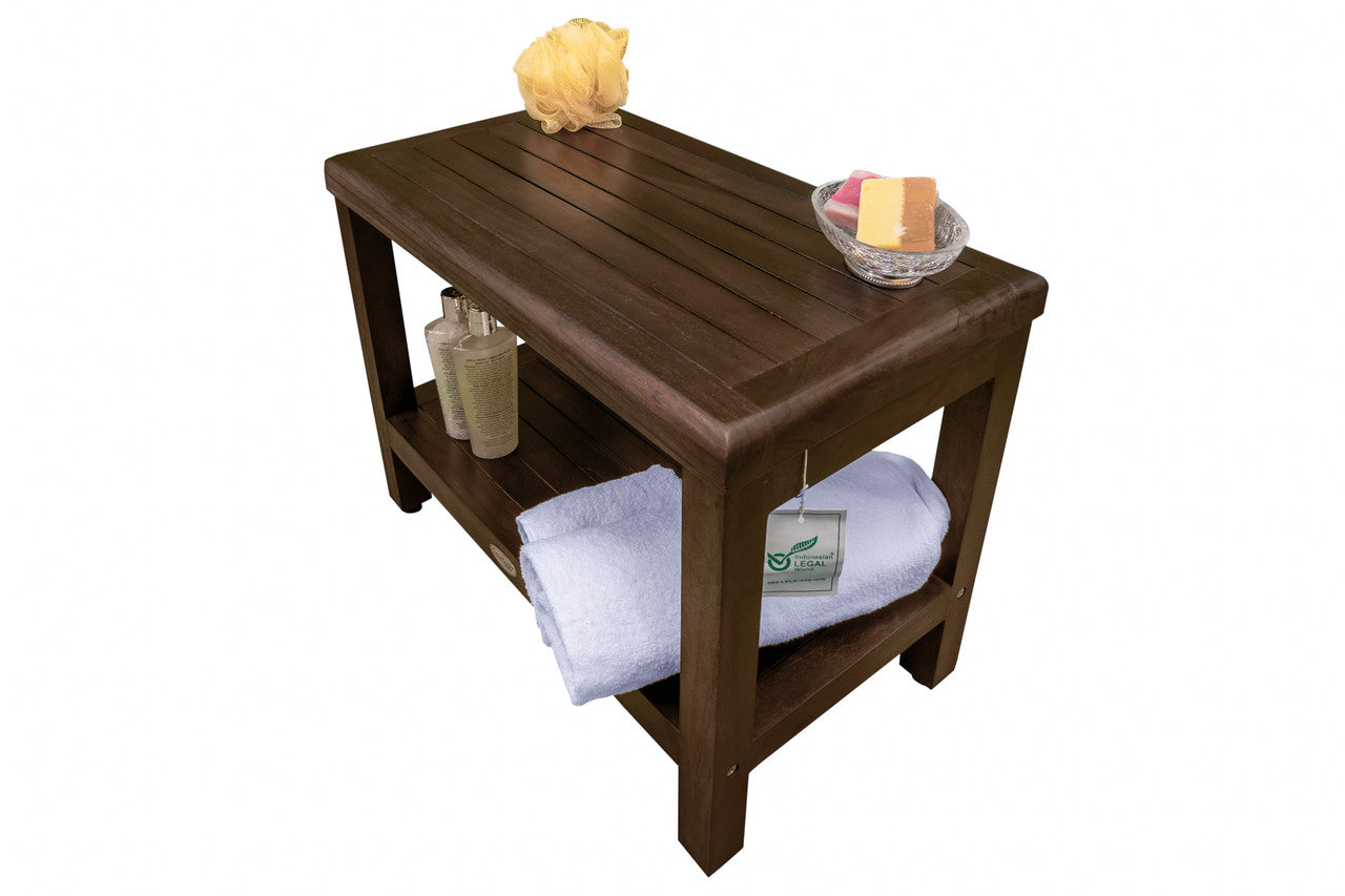 DecoTeak® Eleganto® 24" Teak Wood Shower Bench with Shelf in Woodland Brown Finish