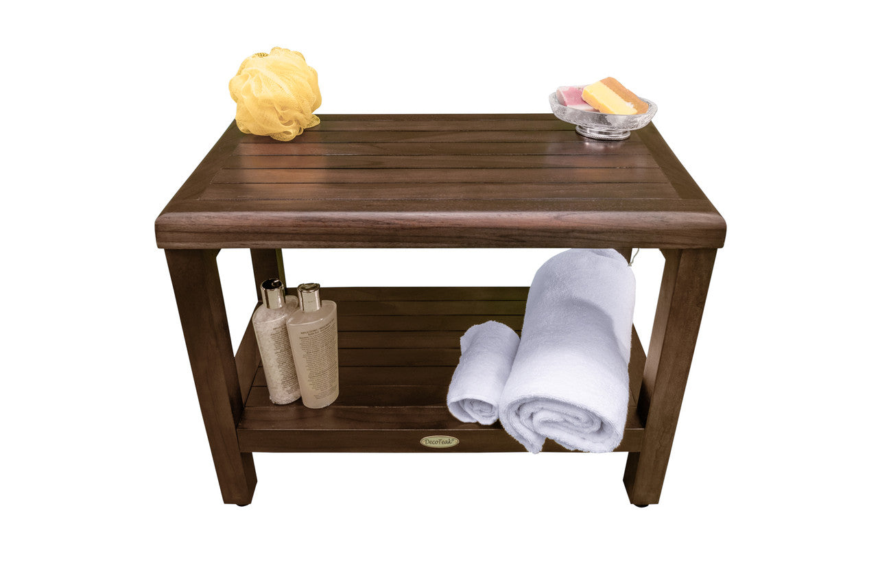 DecoTeak® Eleganto® 24" Teak Wood Shower Bench with Shelf in Woodland Brown Finish