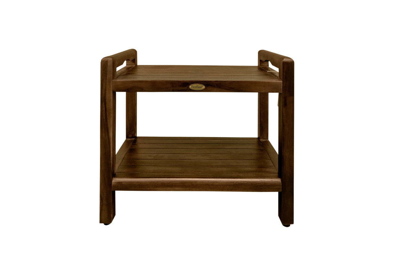 DecoTeak® Eleganto® 24" Teak Wood Shower Bench with LiftAide® Arms and Shelf in Woodland Brown Finish