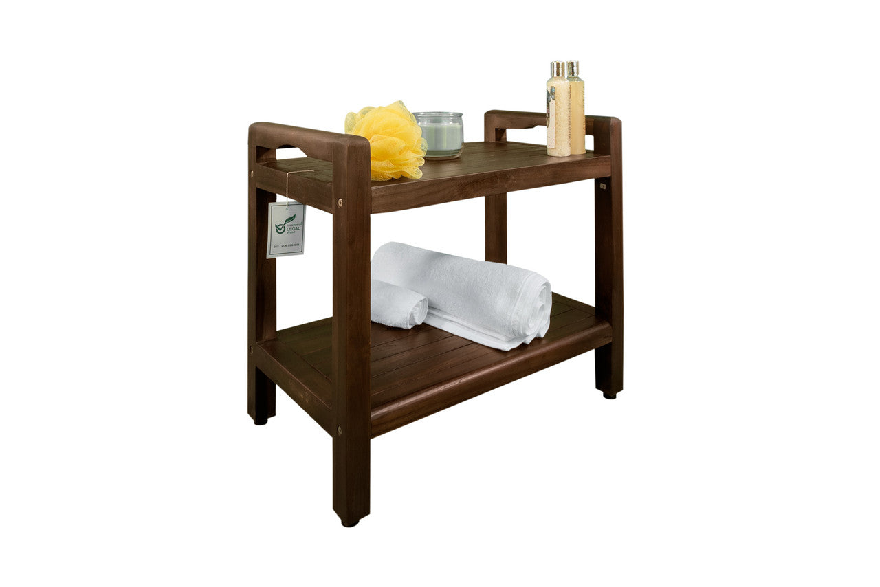 DecoTeak® Eleganto® 24" Teak Wood Shower Bench with LiftAide® Arms and Shelf in Woodland Brown Finish