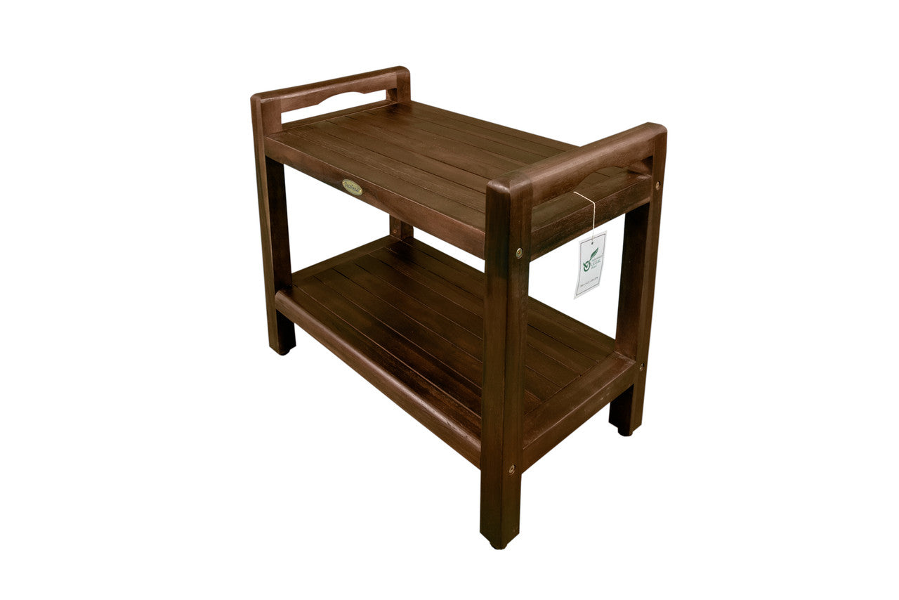 DecoTeak® Eleganto® 24" Teak Wood Shower Bench with LiftAide® Arms and Shelf in Woodland Brown Finish