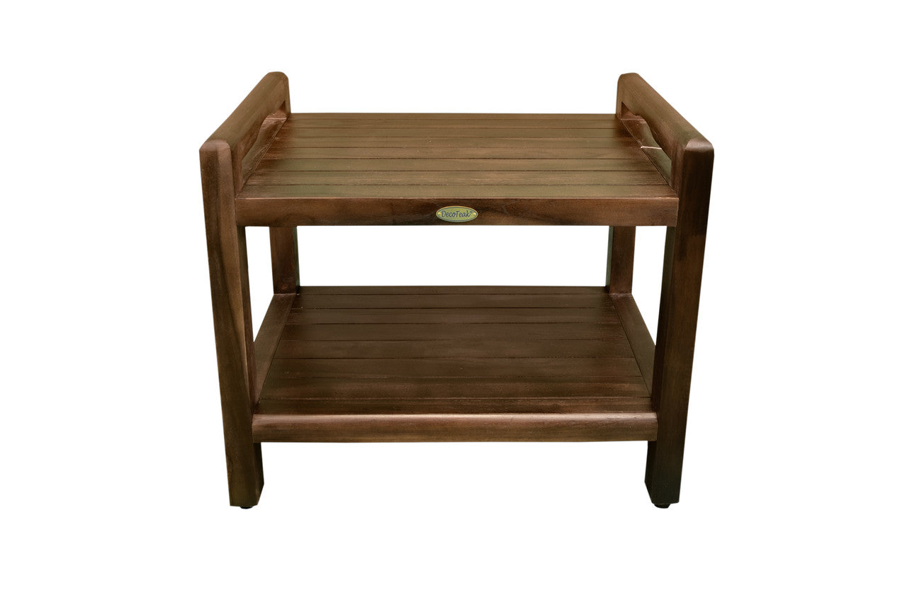 DecoTeak® Eleganto® 24" Teak Wood Shower Bench with LiftAide® Arms and Shelf in Woodland Brown Finish