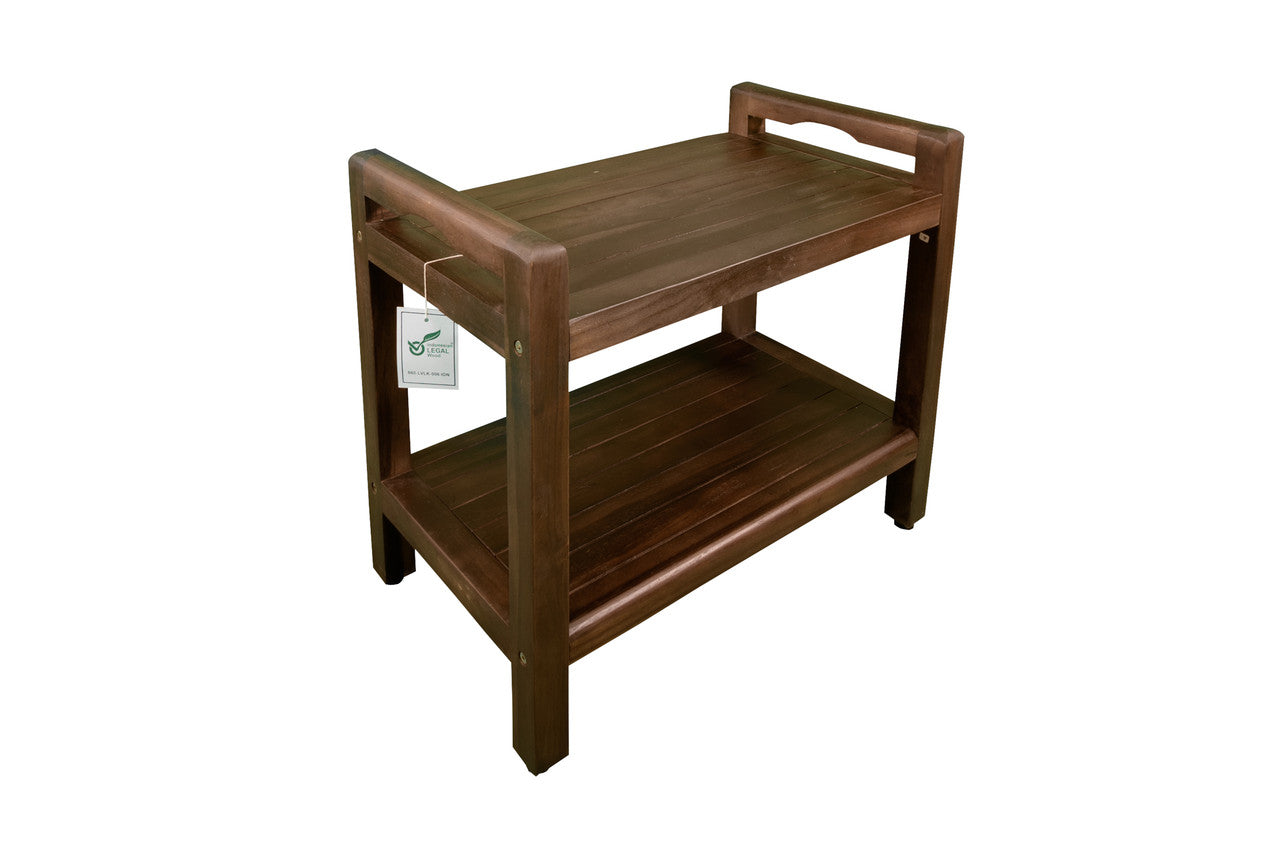 DecoTeak® Eleganto® 24" Teak Wood Shower Bench with LiftAide® Arms and Shelf in Woodland Brown Finish