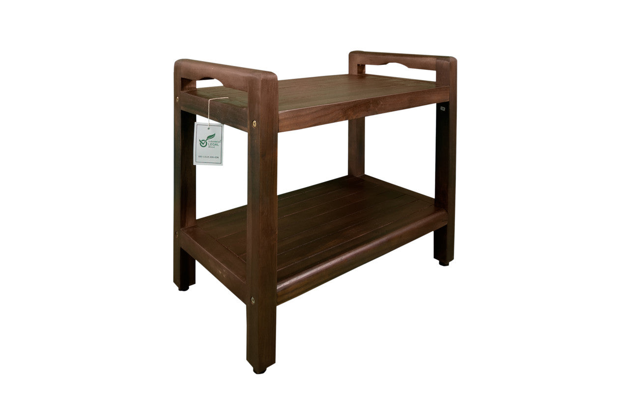 DecoTeak® Eleganto® 24" Teak Wood Shower Bench with LiftAide® Arms and Shelf in Woodland Brown Finish