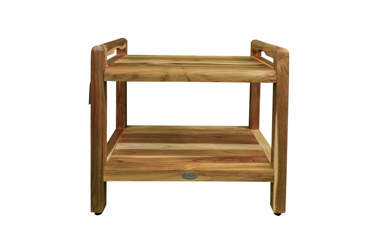 EcoDecors® Eleganto® 24" Teak Wood Shower Bench with LiftAide® Arms and Shelf in EarthyTeak Finish