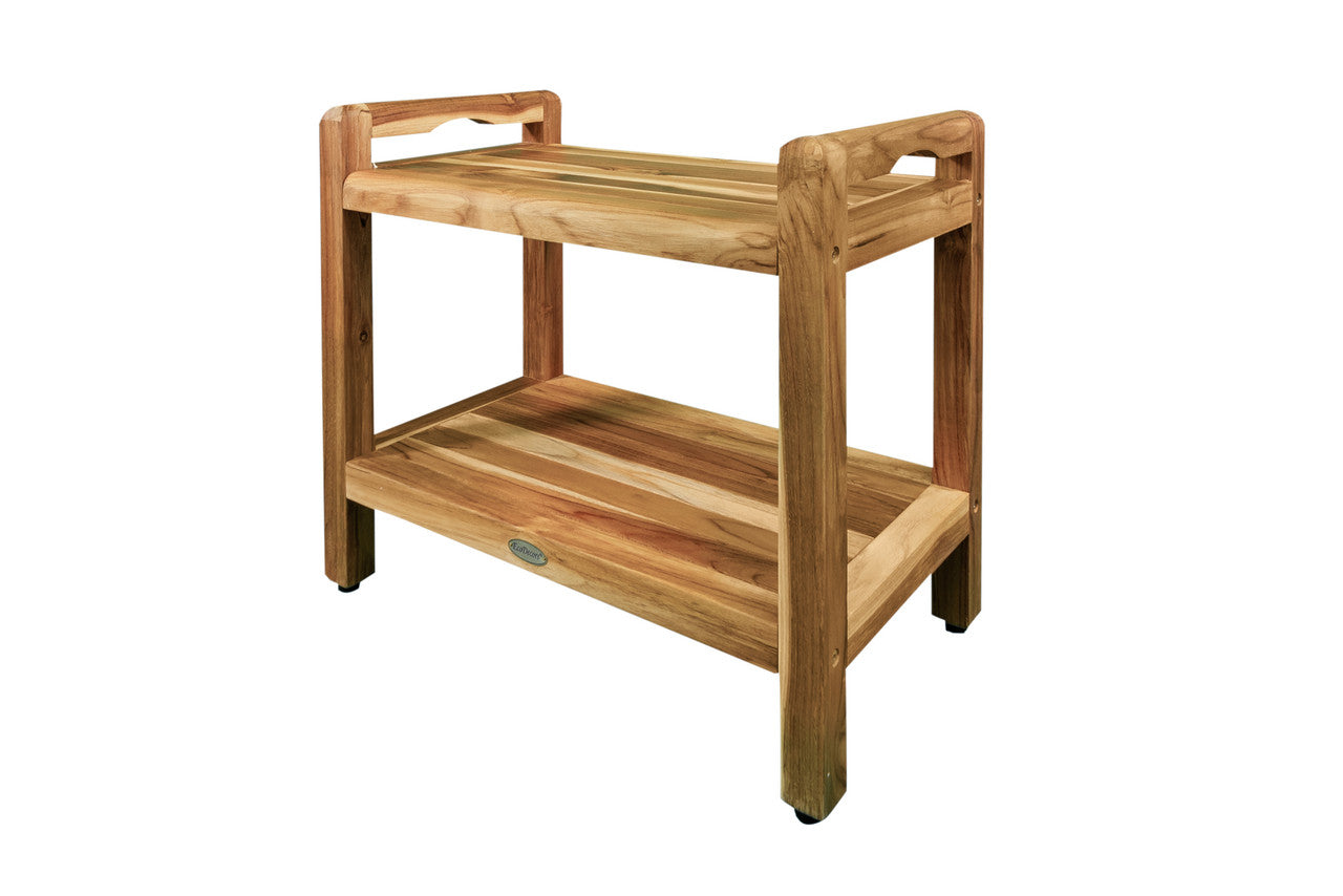 EcoDecors® Eleganto® 24" Teak Wood Shower Bench with LiftAide® Arms and Shelf in EarthyTeak Finish