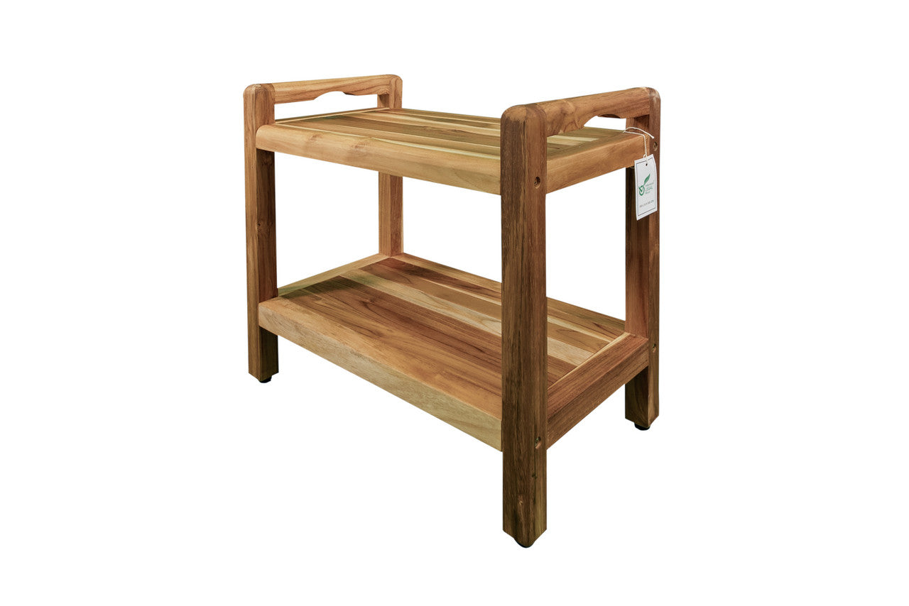 EcoDecors® Eleganto® 24" Teak Wood Shower Bench with LiftAide® Arms and Shelf in EarthyTeak Finish