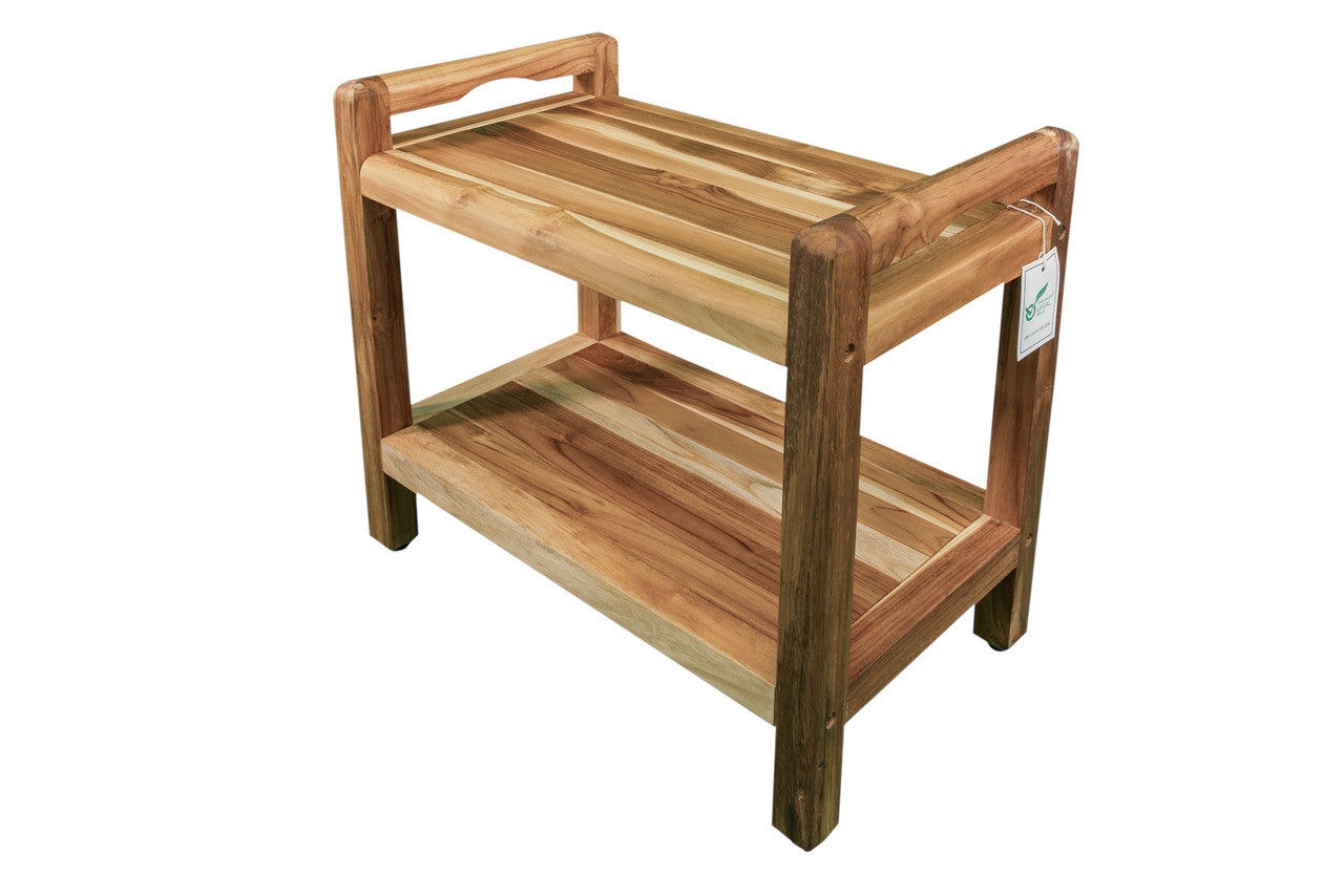 EcoDecors® Eleganto® 24" Teak Wood Shower Bench with LiftAide® Arms and Shelf in EarthyTeak Finish