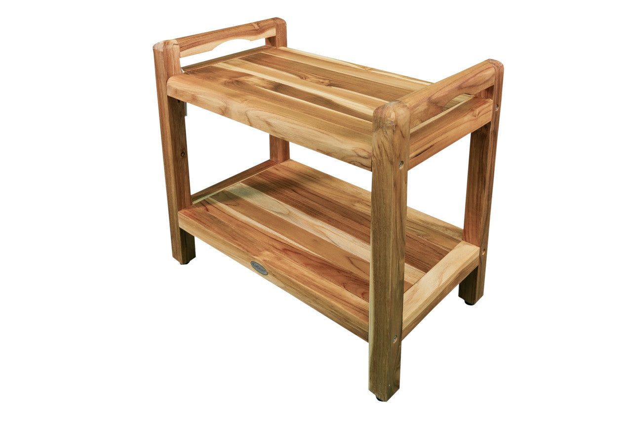 EcoDecors® Eleganto® 24" Teak Wood Shower Bench with LiftAide® Arms and Shelf in EarthyTeak Finish