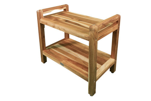 EcoDecors® Eleganto® 24" Teak Wood Shower Bench with LiftAide® Arms and Shelf in EarthyTeak Finish