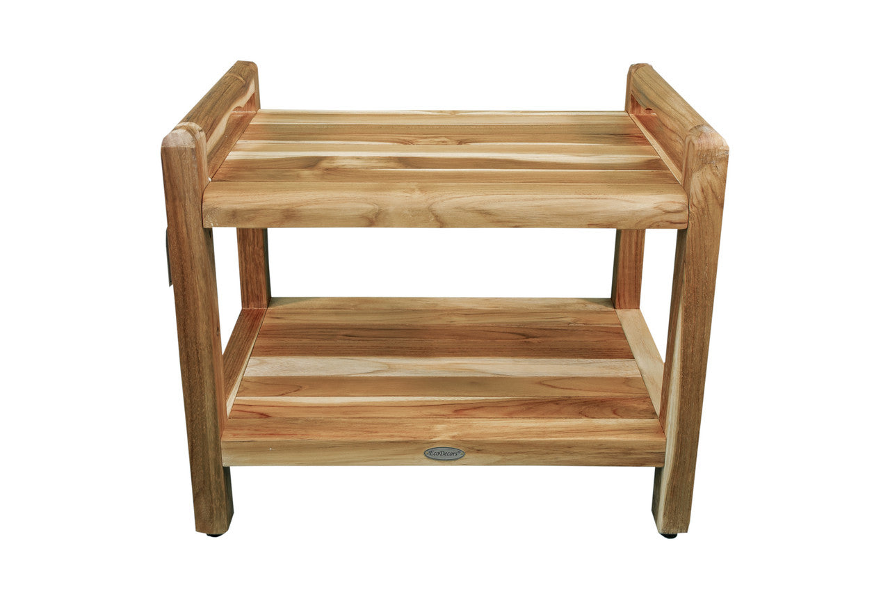 EcoDecors® Eleganto® 24" Teak Wood Shower Bench with LiftAide® Arms and Shelf in EarthyTeak Finish