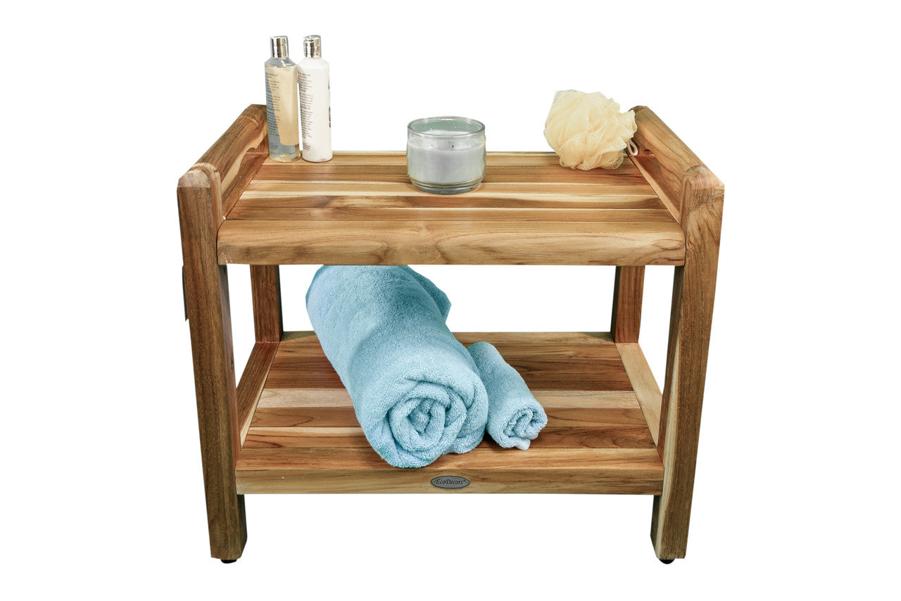 EcoDecors® Eleganto® 24" Teak Wood Shower Bench with LiftAide® Arms and Shelf in EarthyTeak Finish