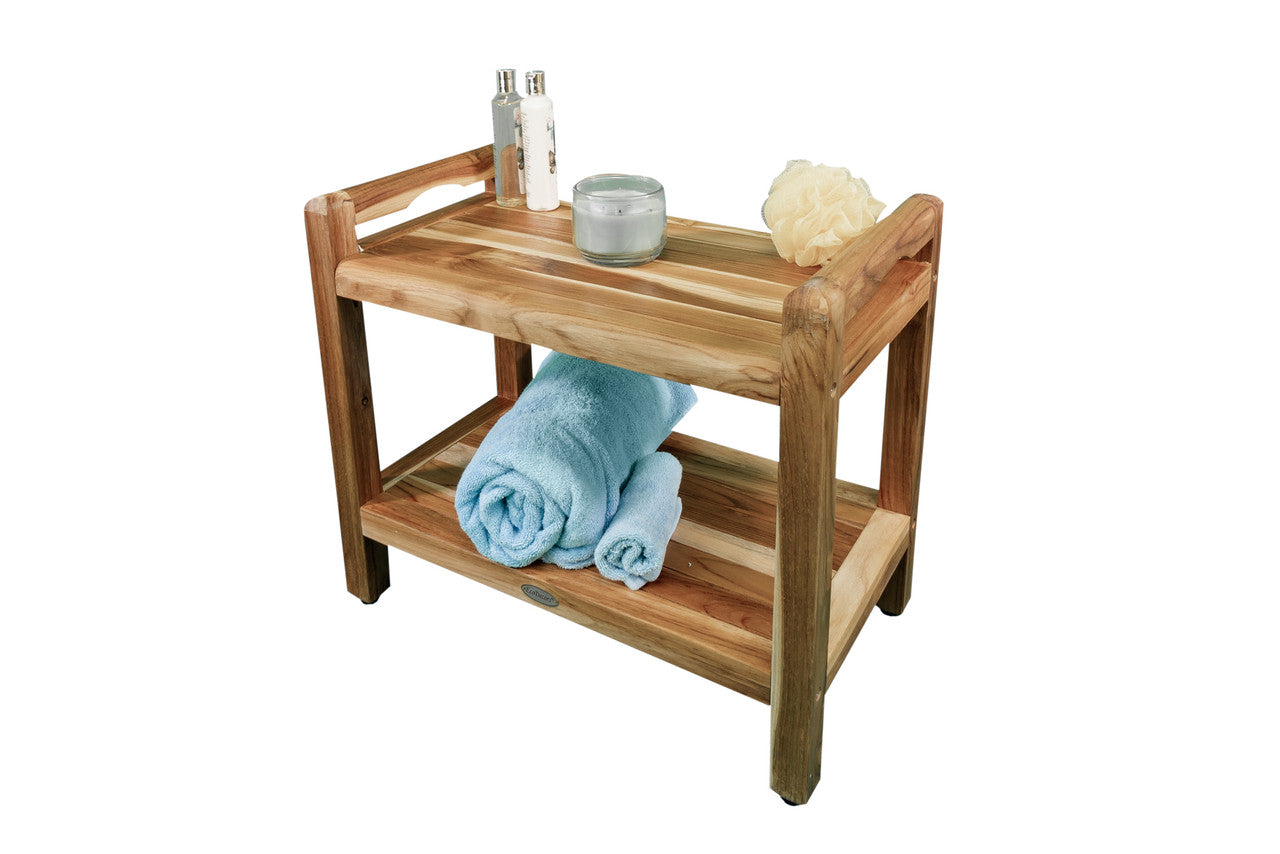 EcoDecors® Eleganto® 24" Teak Wood Shower Bench with LiftAide® Arms and Shelf in EarthyTeak Finish