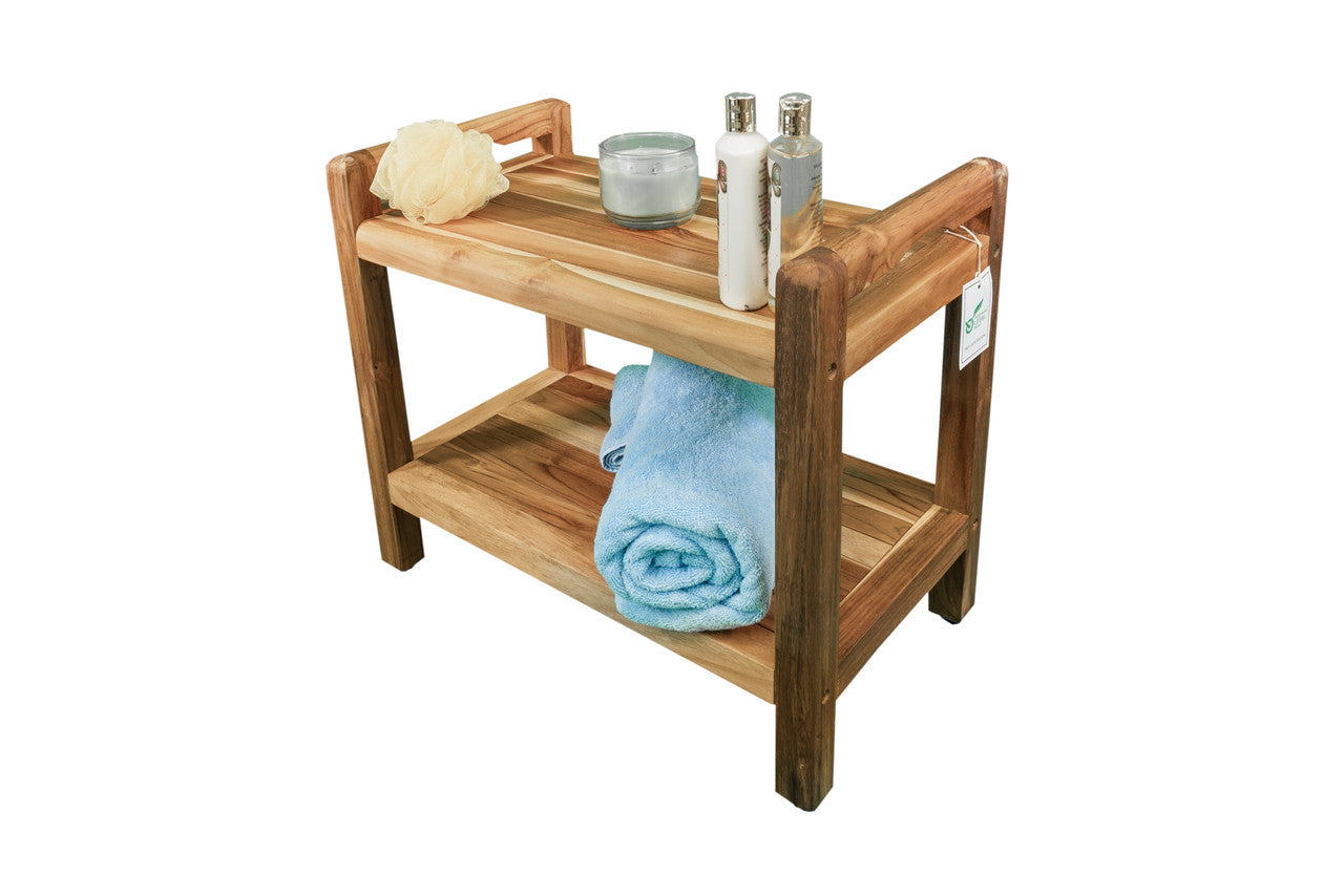 EcoDecors® Eleganto® 24" Teak Wood Shower Bench with LiftAide® Arms and Shelf in EarthyTeak Finish