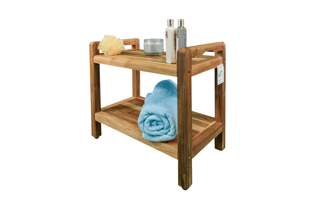 EcoDecors® Eleganto® 24" Teak Wood Shower Bench with LiftAide® Arms and Shelf in EarthyTeak Finish