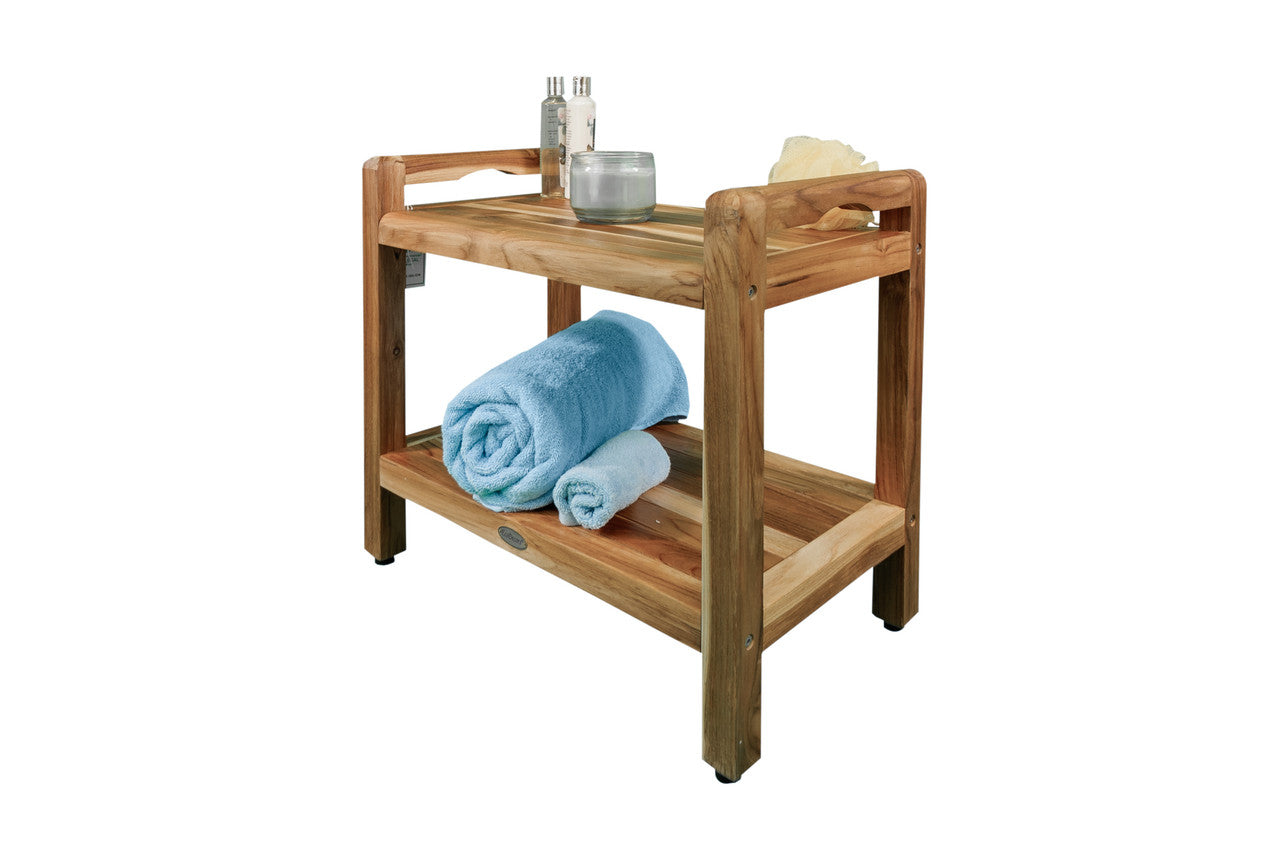 EcoDecors® Eleganto® 24" Teak Wood Shower Bench with LiftAide® Arms and Shelf in EarthyTeak Finish