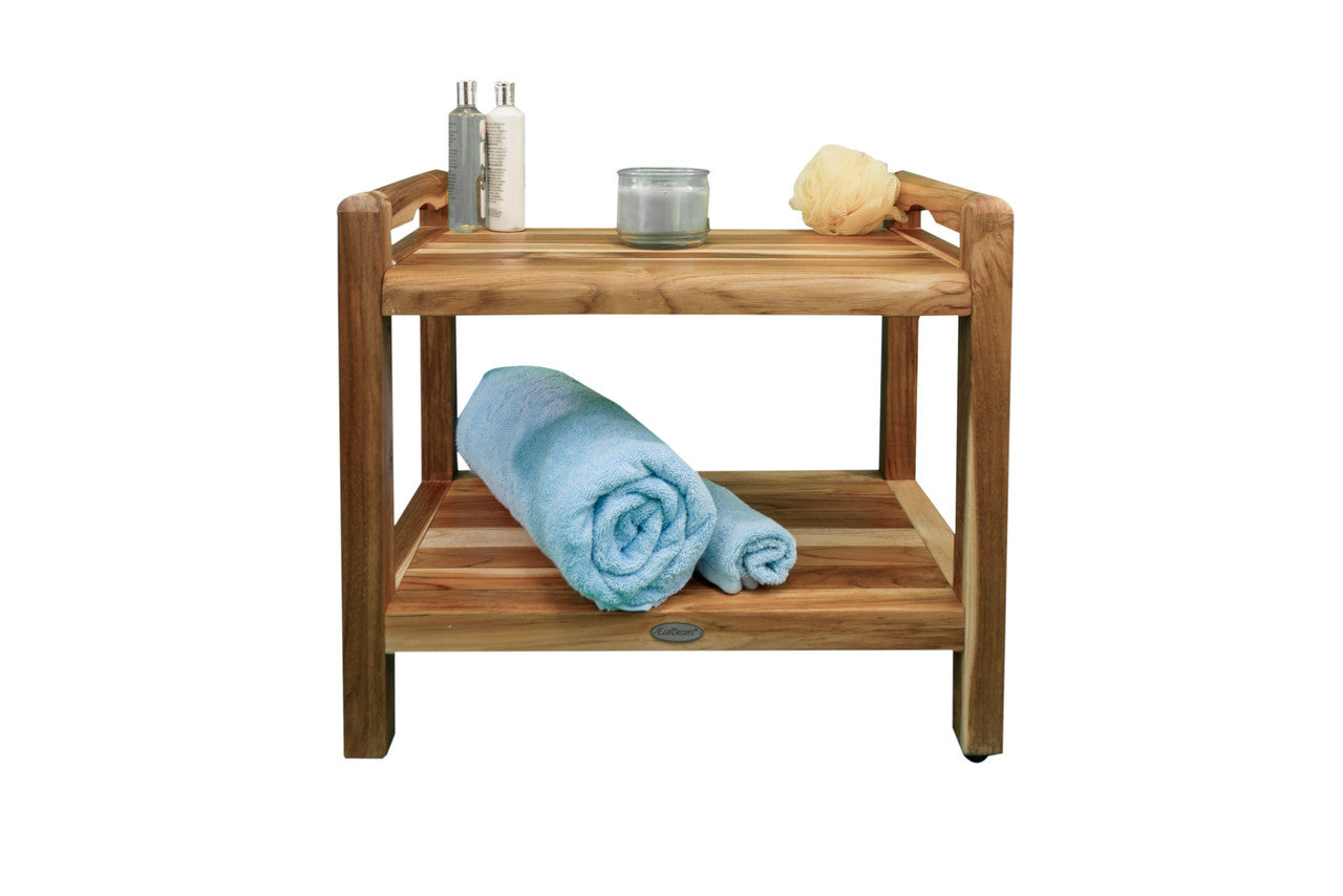 EcoDecors® Eleganto® 24" Teak Wood Shower Bench with LiftAide® Arms and Shelf in EarthyTeak Finish