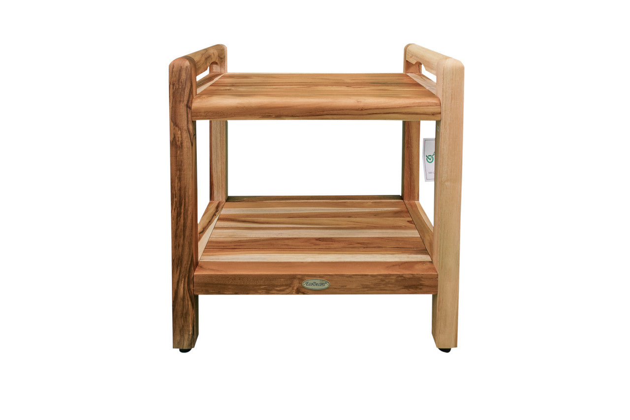 EcoDecors® Eleganto® 20" Teak Wood Shower Bench with LiftAide® Arms and Shelf in EarthyTeak Finish