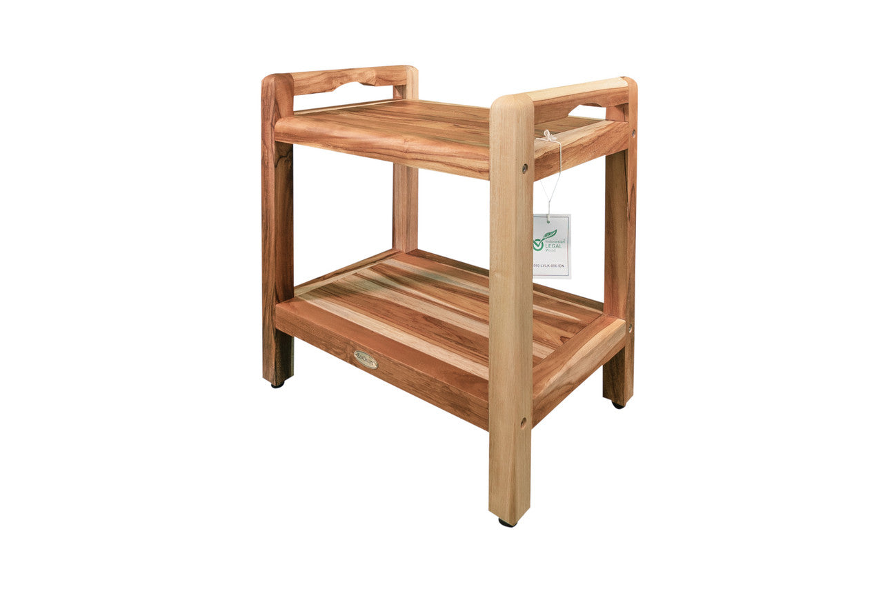 EcoDecors® Eleganto® 20" Teak Wood Shower Bench with LiftAide® Arms and Shelf in EarthyTeak Finish