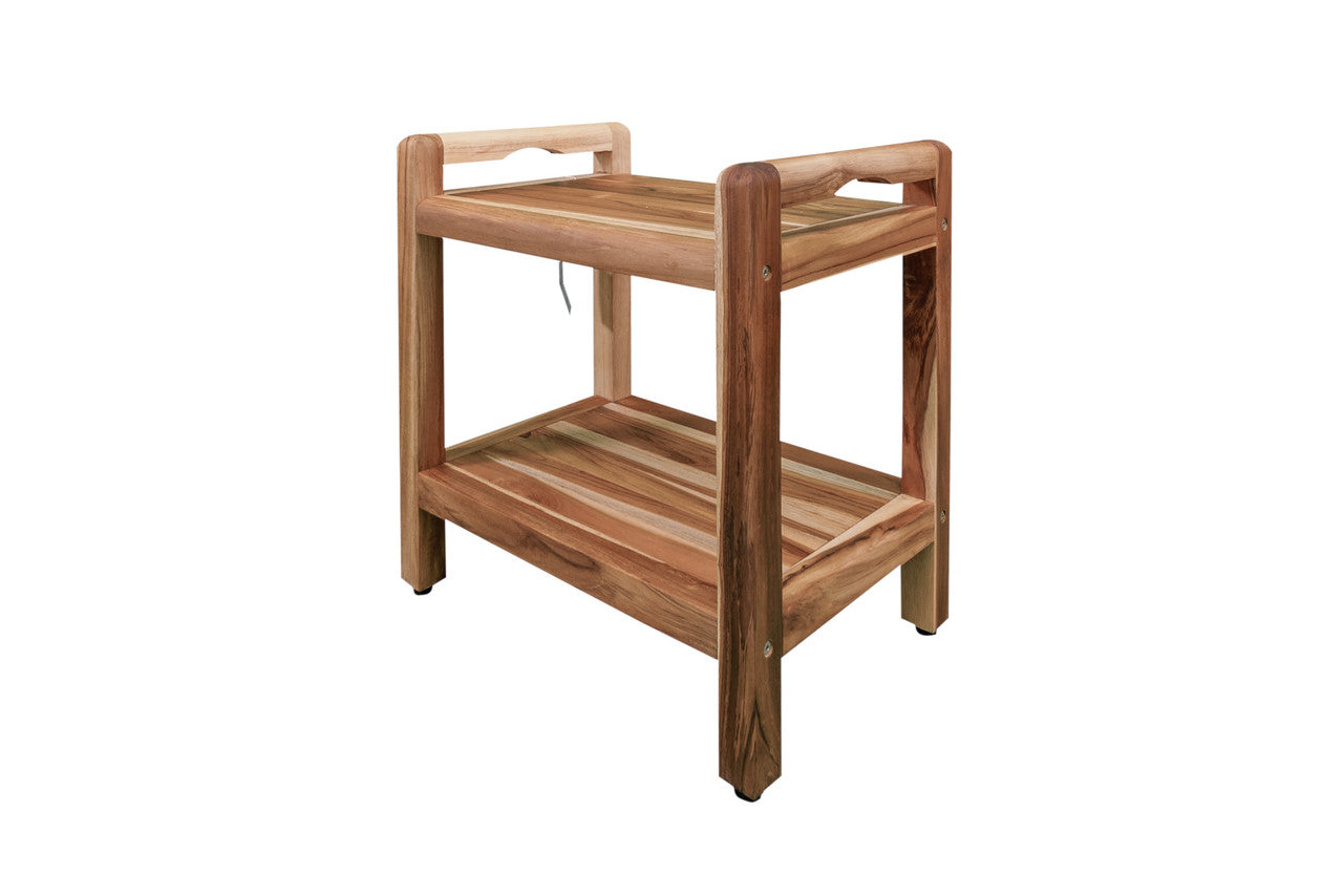 EcoDecors® Eleganto® 20" Teak Wood Shower Bench with LiftAide® Arms and Shelf in EarthyTeak Finish