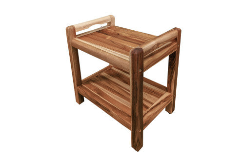 EcoDecors® Eleganto® 20" Teak Wood Shower Bench with LiftAide® Arms and Shelf in EarthyTeak Finish