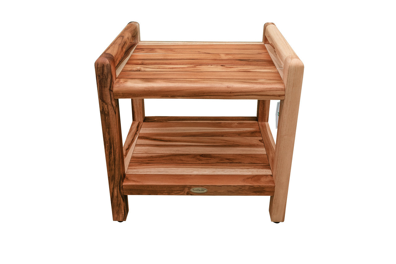 EcoDecors® Eleganto® 20" Teak Wood Shower Bench with LiftAide® Arms and Shelf in EarthyTeak Finish