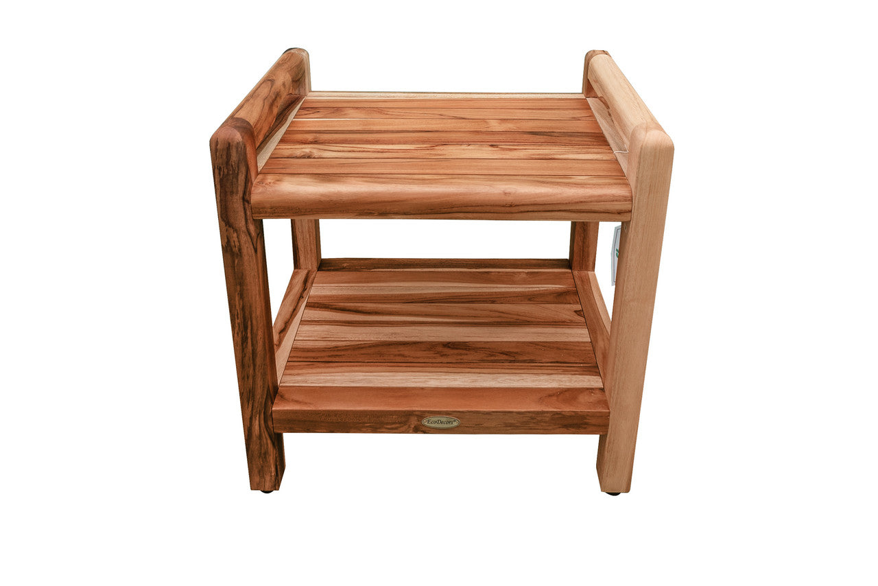 EcoDecors® Eleganto® 20" Teak Wood Shower Bench with LiftAide® Arms and Shelf in EarthyTeak Finish
