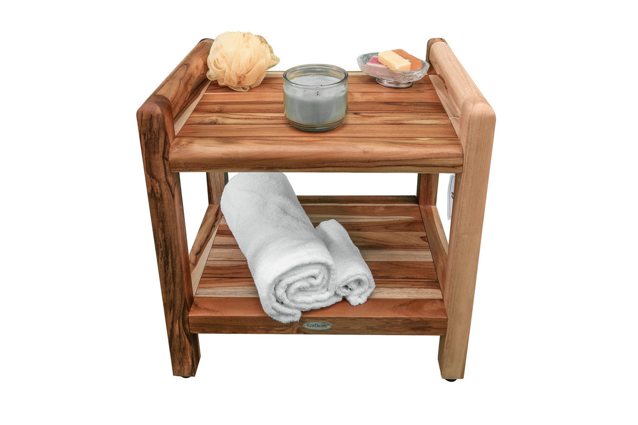 EcoDecors® Eleganto® 20" Teak Wood Shower Bench with LiftAide® Arms and Shelf in EarthyTeak Finish