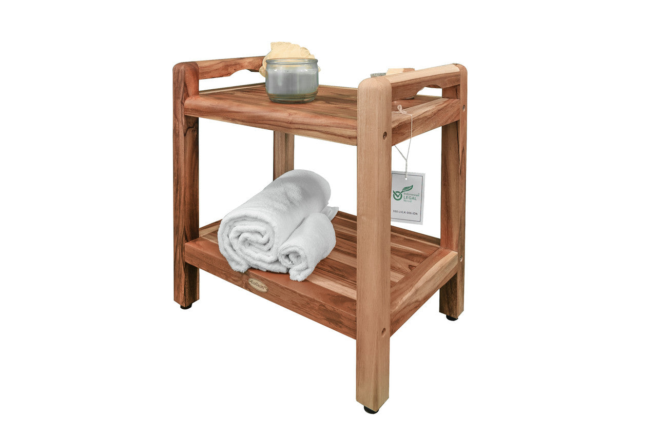 EcoDecors® Eleganto® 20" Teak Wood Shower Bench with LiftAide® Arms and Shelf in EarthyTeak Finish