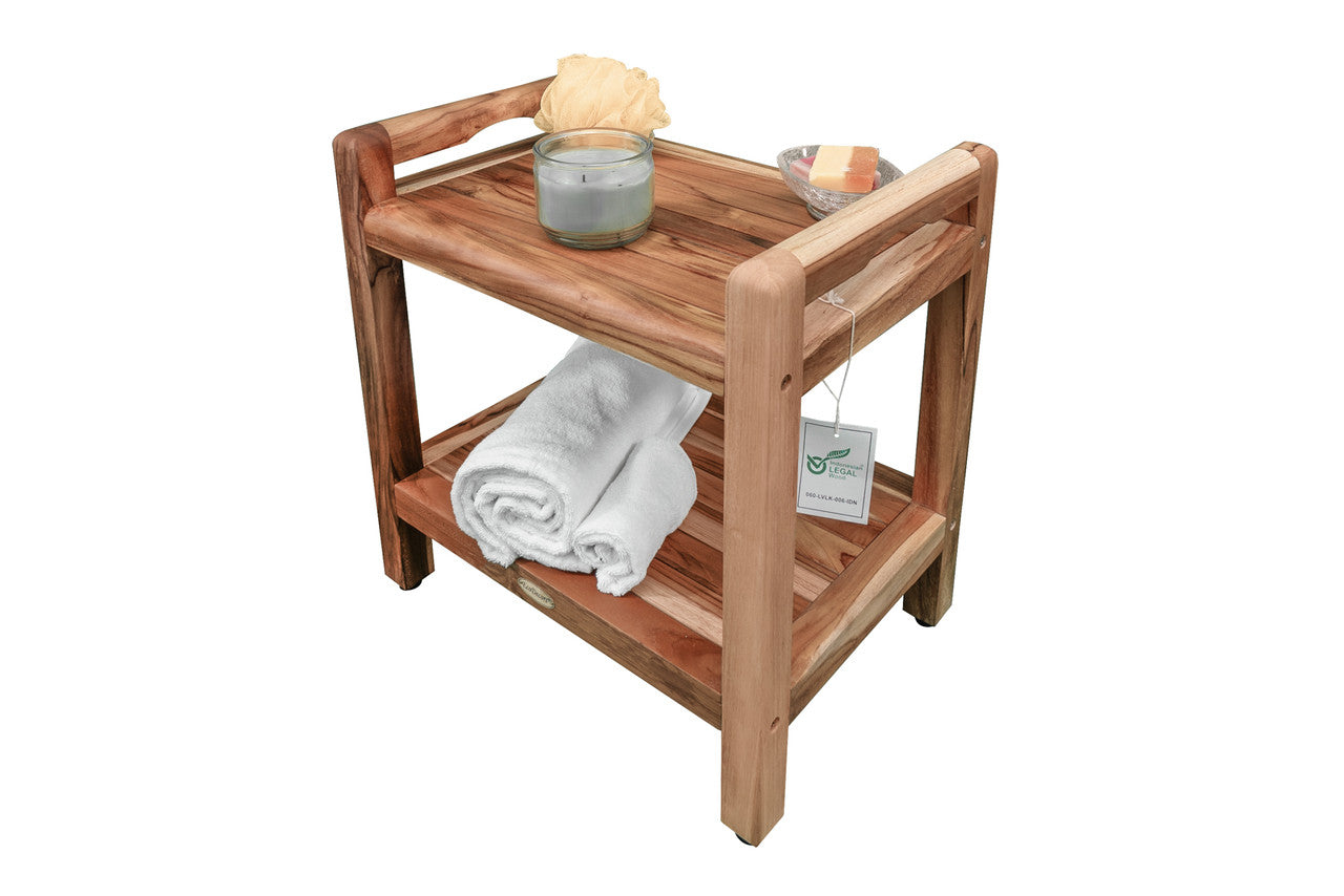 EcoDecors® Eleganto® 20" Teak Wood Shower Bench with LiftAide® Arms and Shelf in EarthyTeak Finish