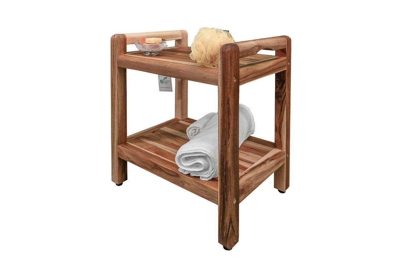 EcoDecors® Eleganto® 20" Teak Wood Shower Bench with LiftAide® Arms and Shelf in EarthyTeak Finish