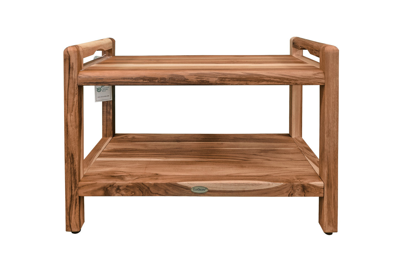 EcoDecors® Eleganto® 30" Teak Wood Shower Bench with LiftAide® Arms and Shelf in EarthyTeak® Finish