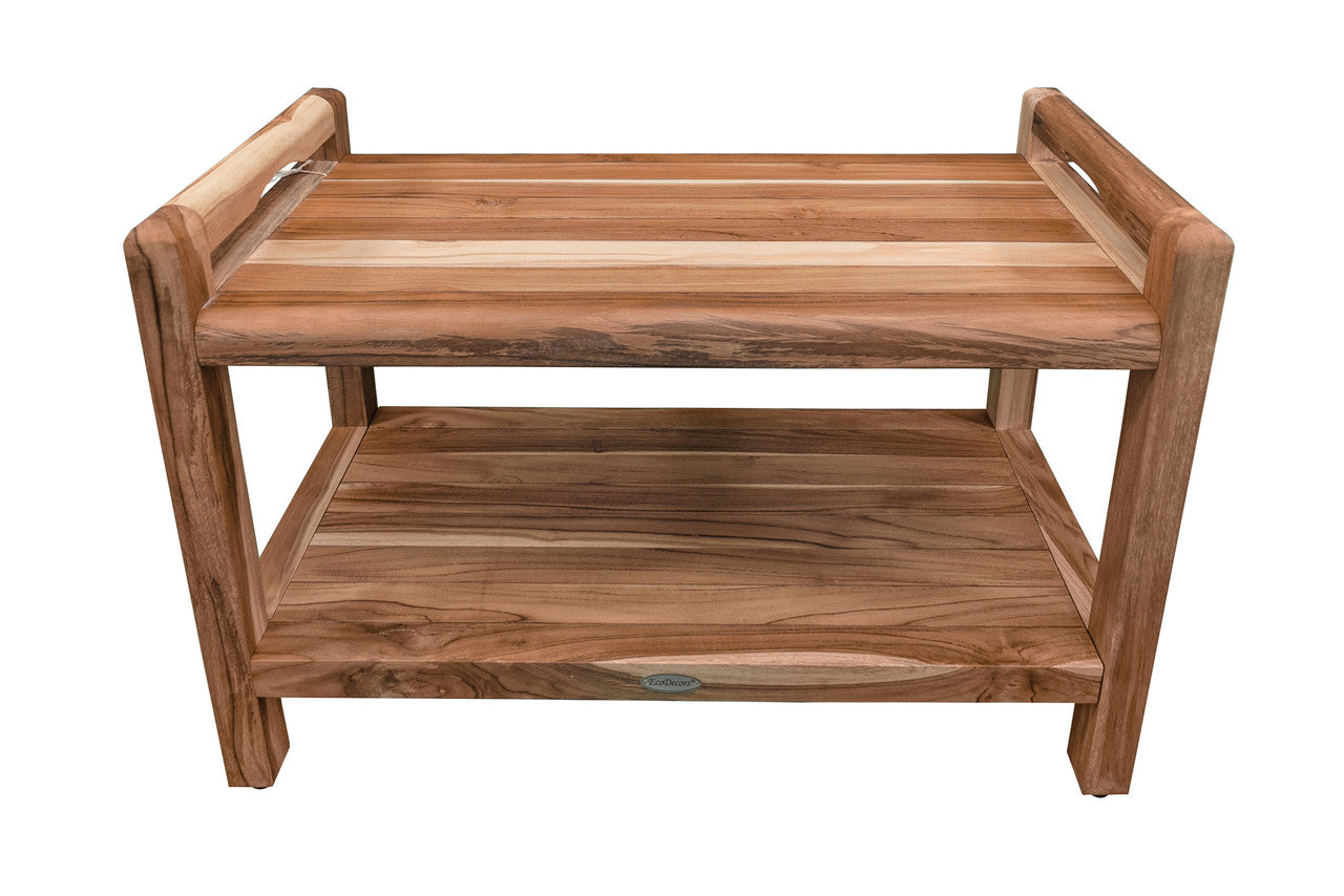 EcoDecors® Eleganto® 30" Teak Wood Shower Bench with LiftAide® Arms and Shelf in EarthyTeak® Finish