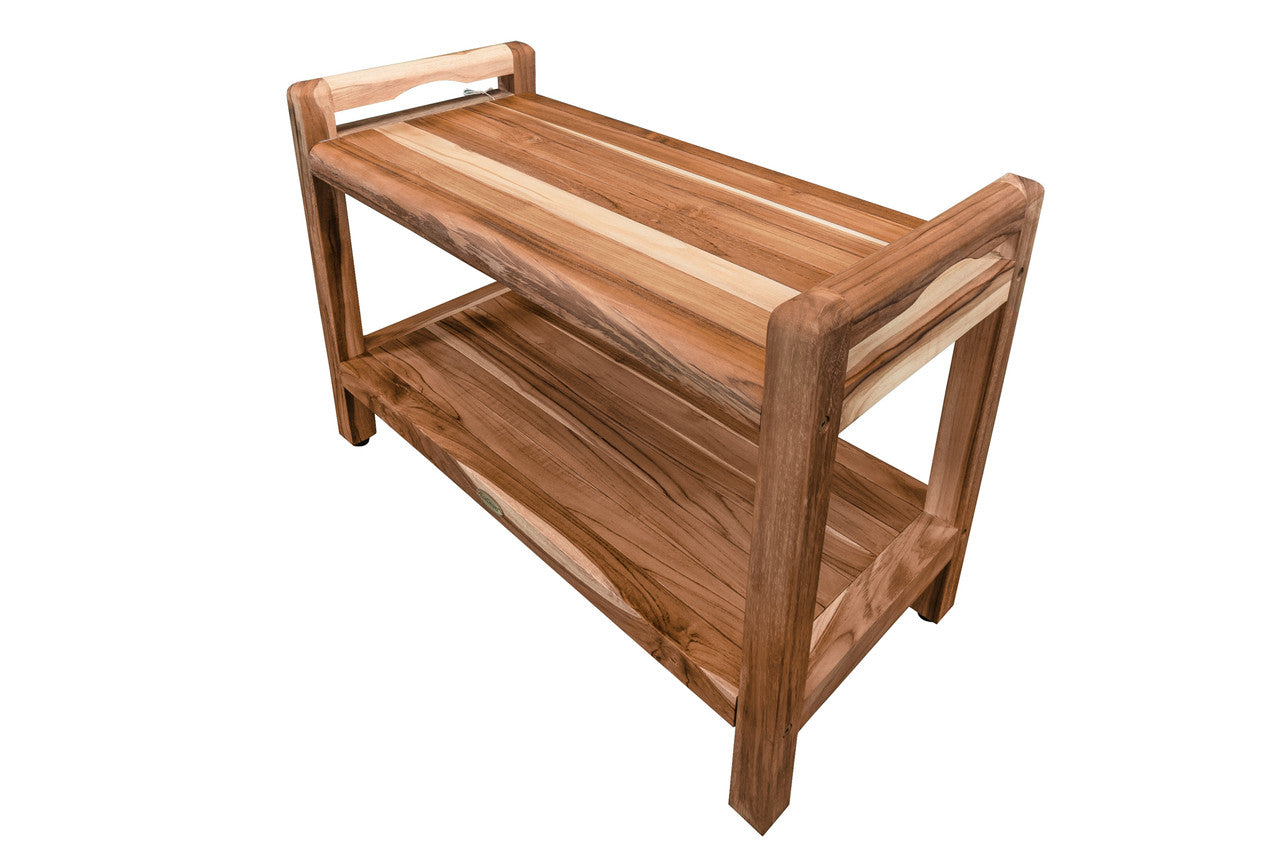 EcoDecors® Eleganto® 30" Teak Wood Shower Bench with LiftAide® Arms and Shelf in EarthyTeak® Finish