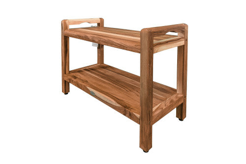 EcoDecors® Eleganto® 30" Teak Wood Shower Bench with LiftAide® Arms and Shelf in EarthyTeak® Finish