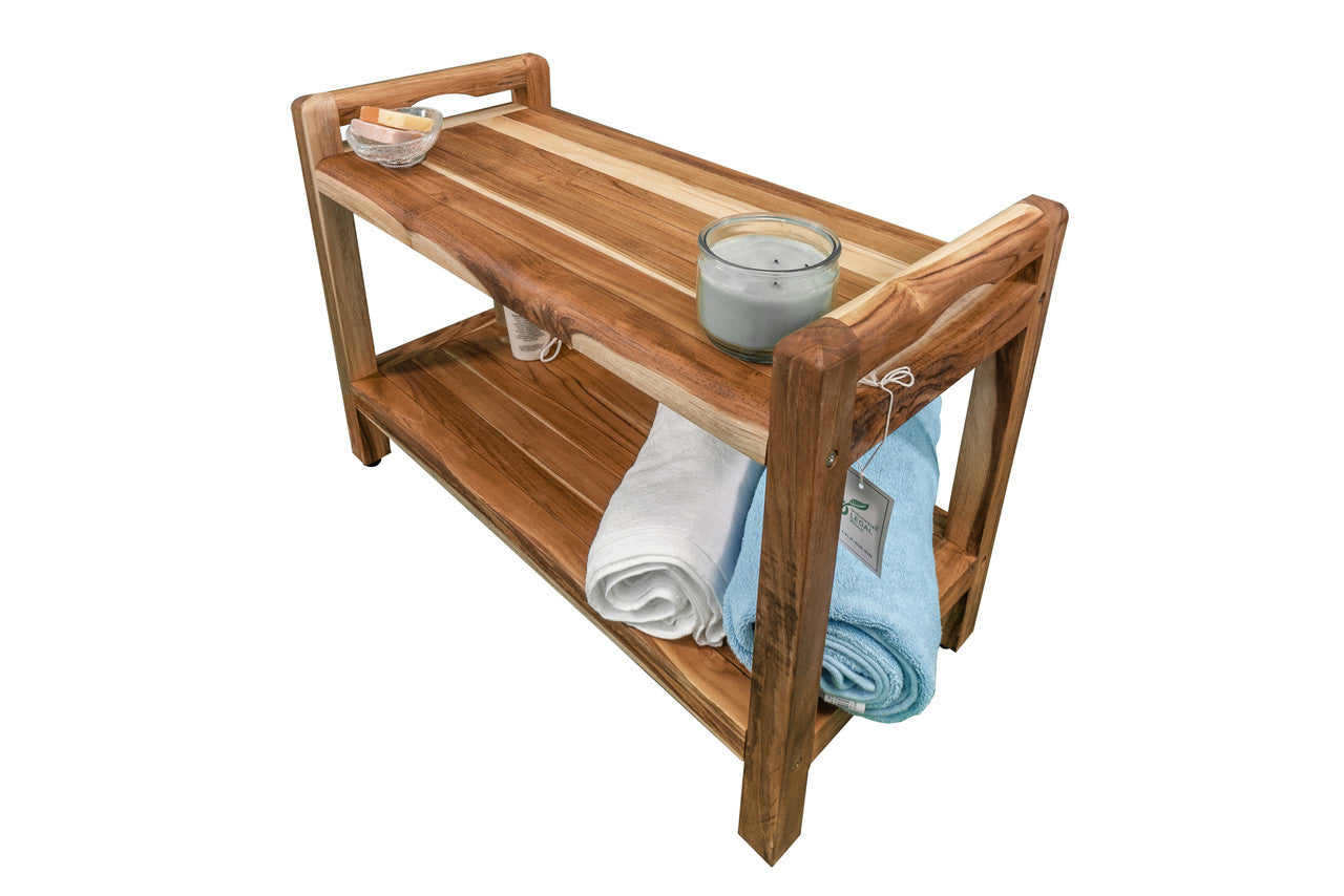 EcoDecors® Eleganto® 30" Teak Wood Shower Bench with LiftAide® Arms and Shelf in EarthyTeak® Finish