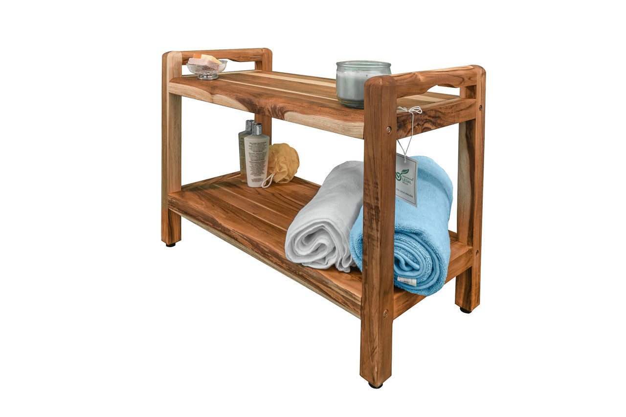 EcoDecors® Eleganto® 30" Teak Wood Shower Bench with LiftAide® Arms and Shelf in EarthyTeak® Finish