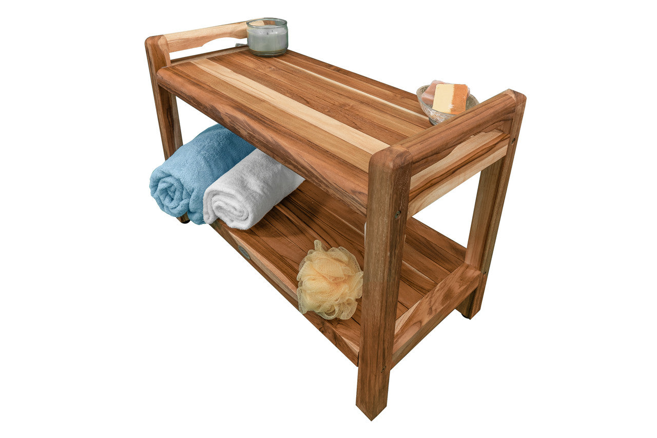EcoDecors® Eleganto® 30" Teak Wood Shower Bench with LiftAide® Arms and Shelf in EarthyTeak® Finish