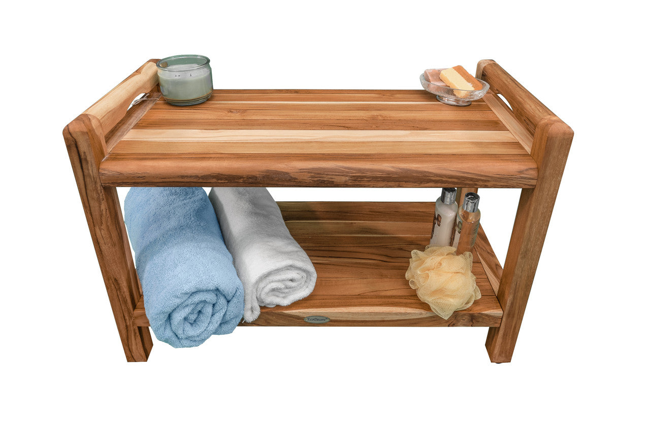 EcoDecors® Eleganto® 30" Teak Wood Shower Bench with LiftAide® Arms and Shelf in EarthyTeak® Finish