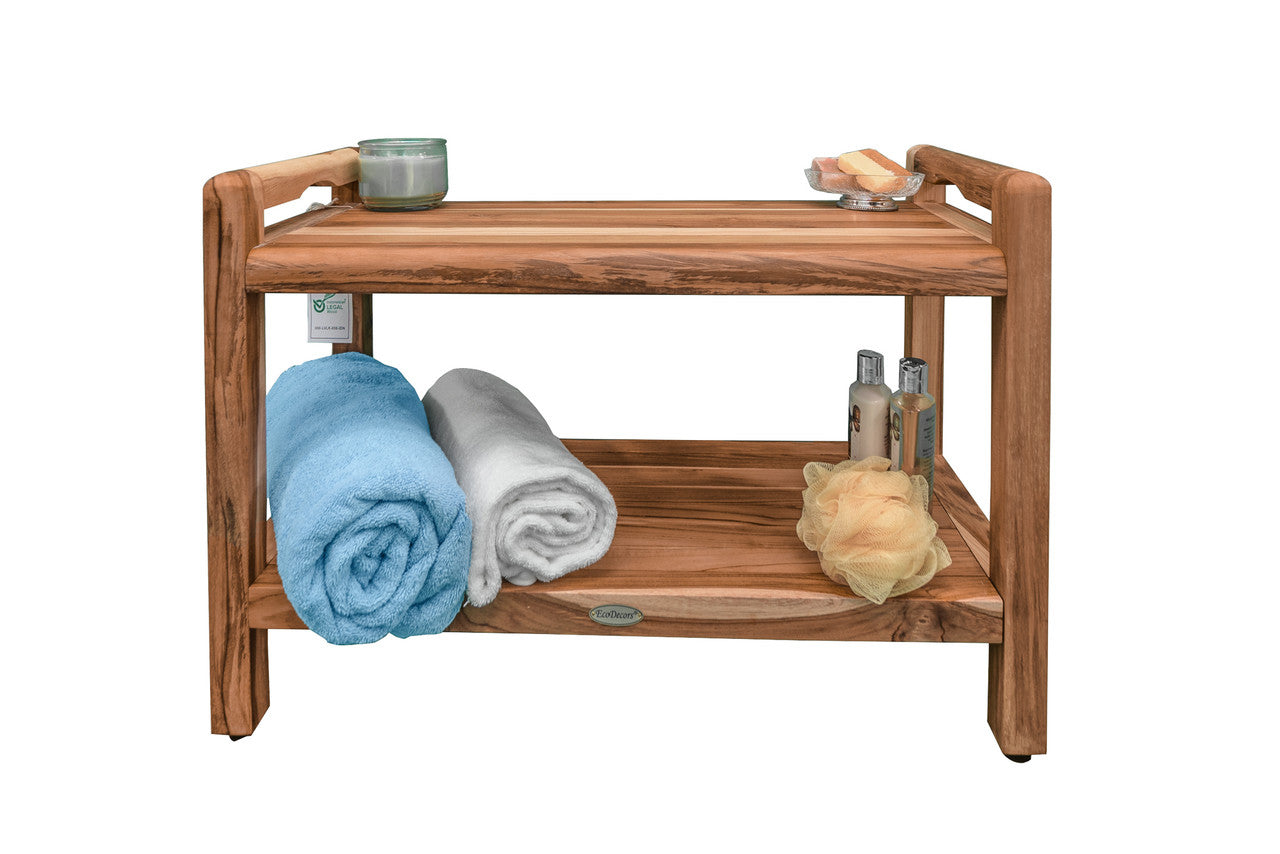 EcoDecors® Eleganto® 30" Teak Wood Shower Bench with LiftAide® Arms and Shelf in EarthyTeak® Finish