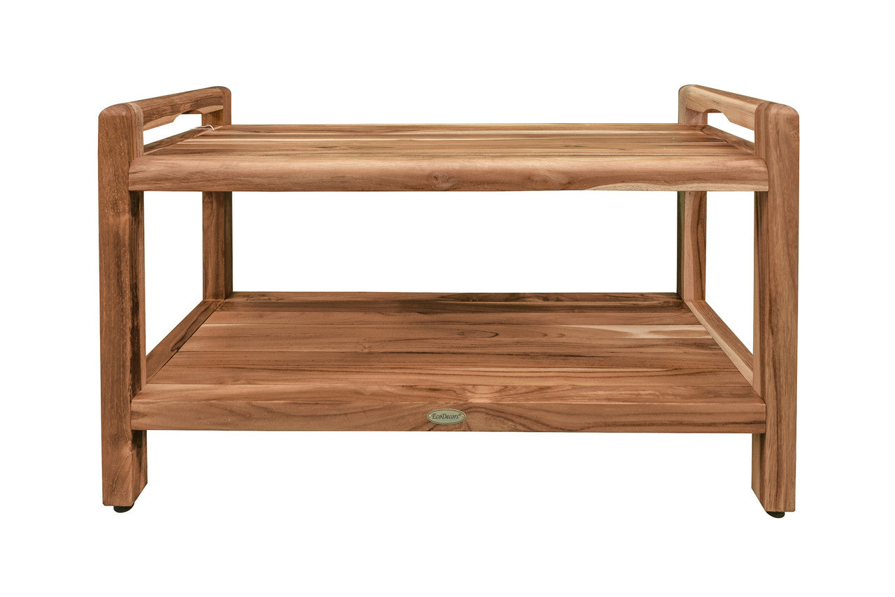 EcoDecors® Eleganto® 35" Teak Wood Shower Bench with LiftAide® Arms and Shelf in EarthyTeak Finish