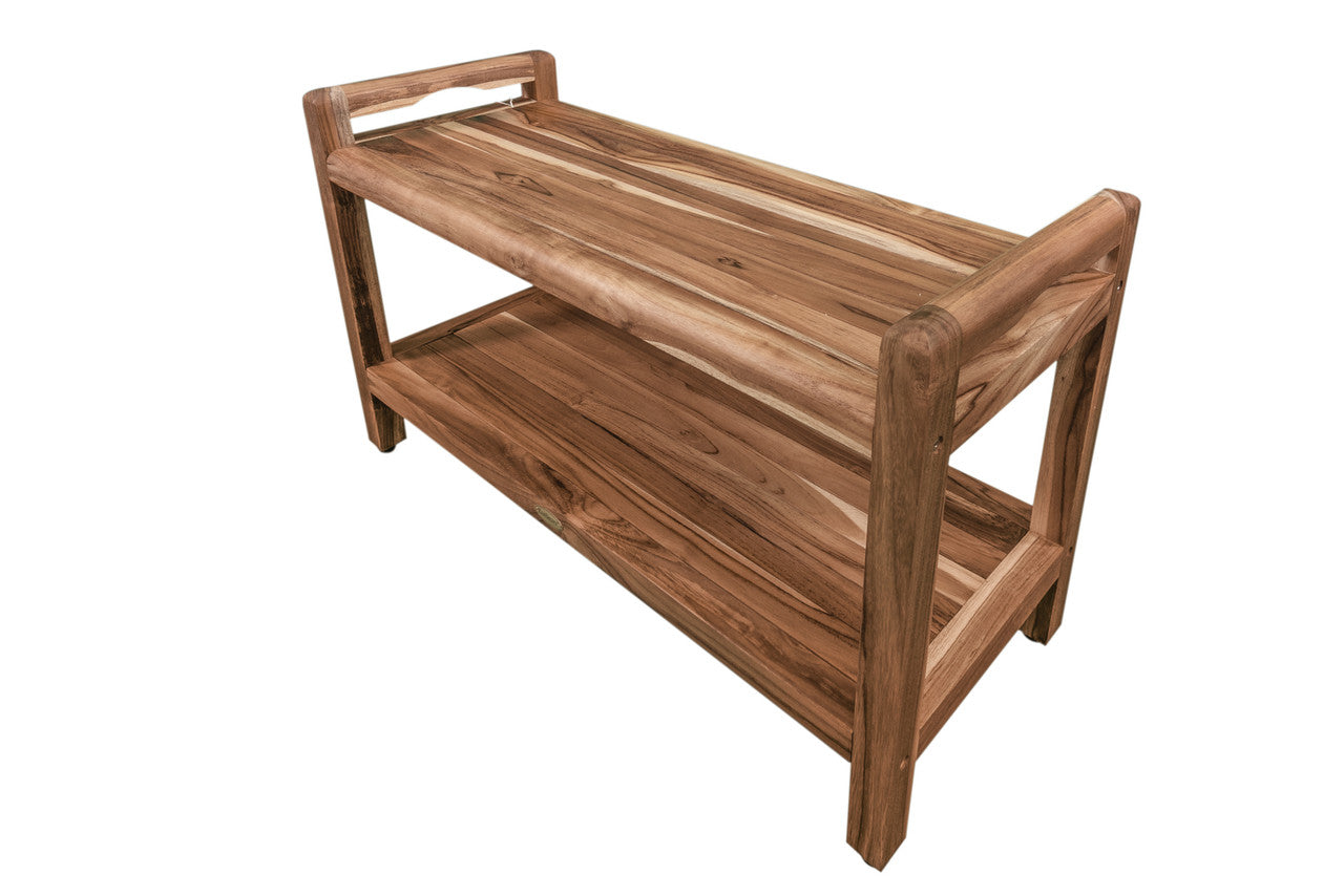 EcoDecors® Eleganto® 35" Teak Wood Shower Bench with LiftAide® Arms and Shelf in EarthyTeak Finish