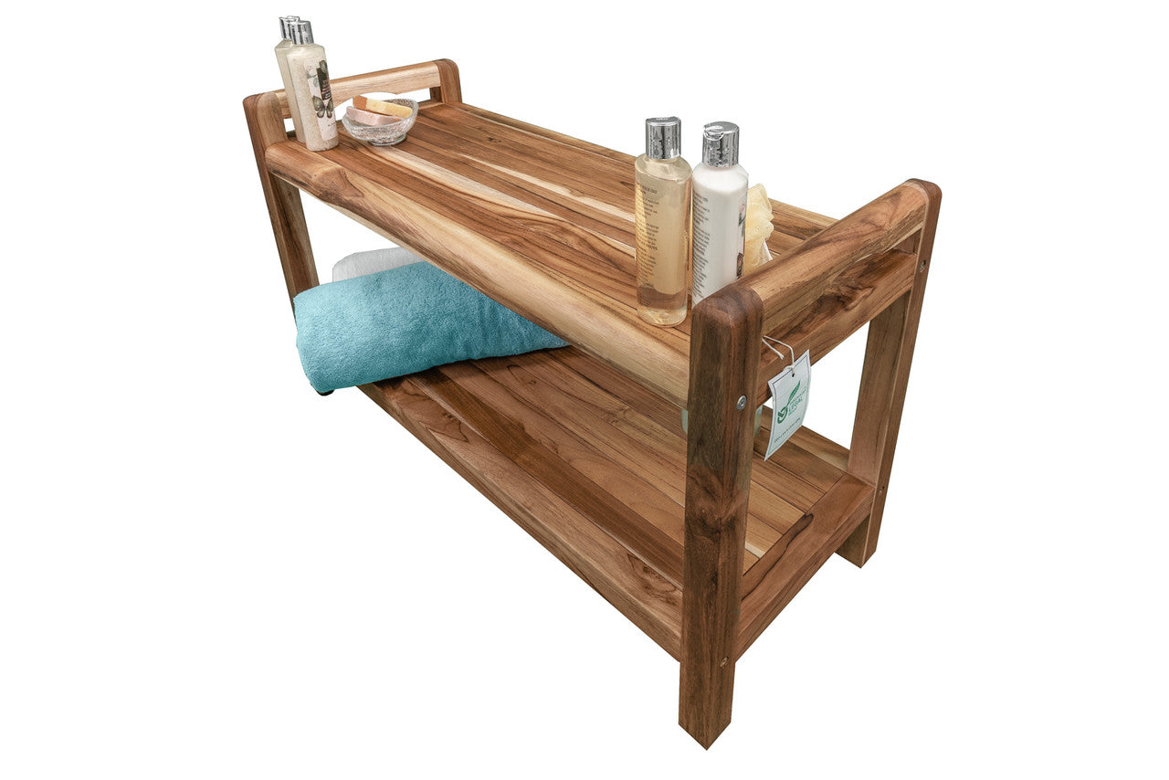 EcoDecors® Eleganto® 35" Teak Wood Shower Bench with LiftAide® Arms and Shelf in EarthyTeak Finish