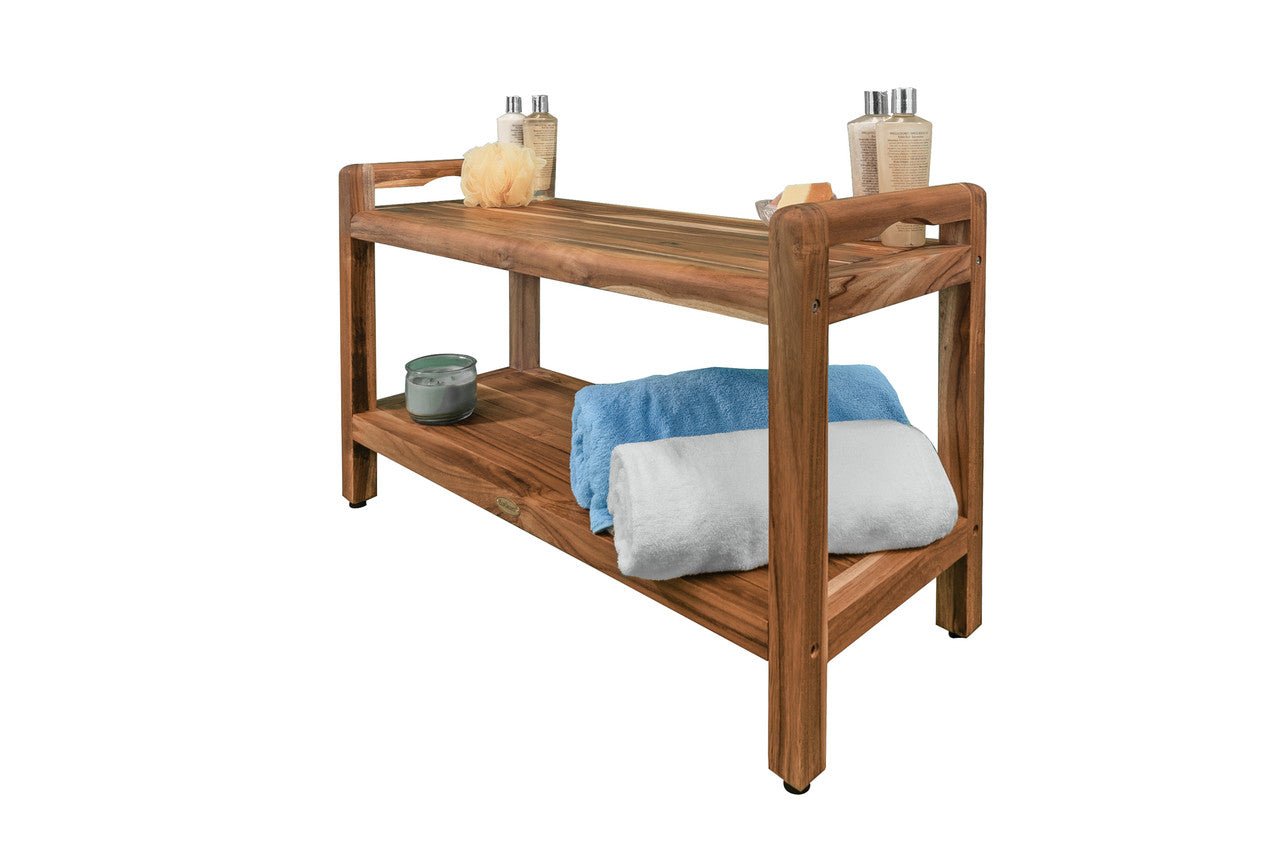 EcoDecors® Eleganto® 35" Teak Wood Shower Bench with LiftAide® Arms and Shelf in EarthyTeak Finish