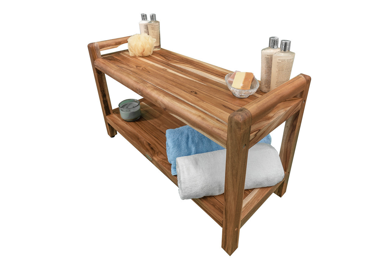 EcoDecors® Eleganto® 35" Teak Wood Shower Bench with LiftAide® Arms and Shelf in EarthyTeak Finish