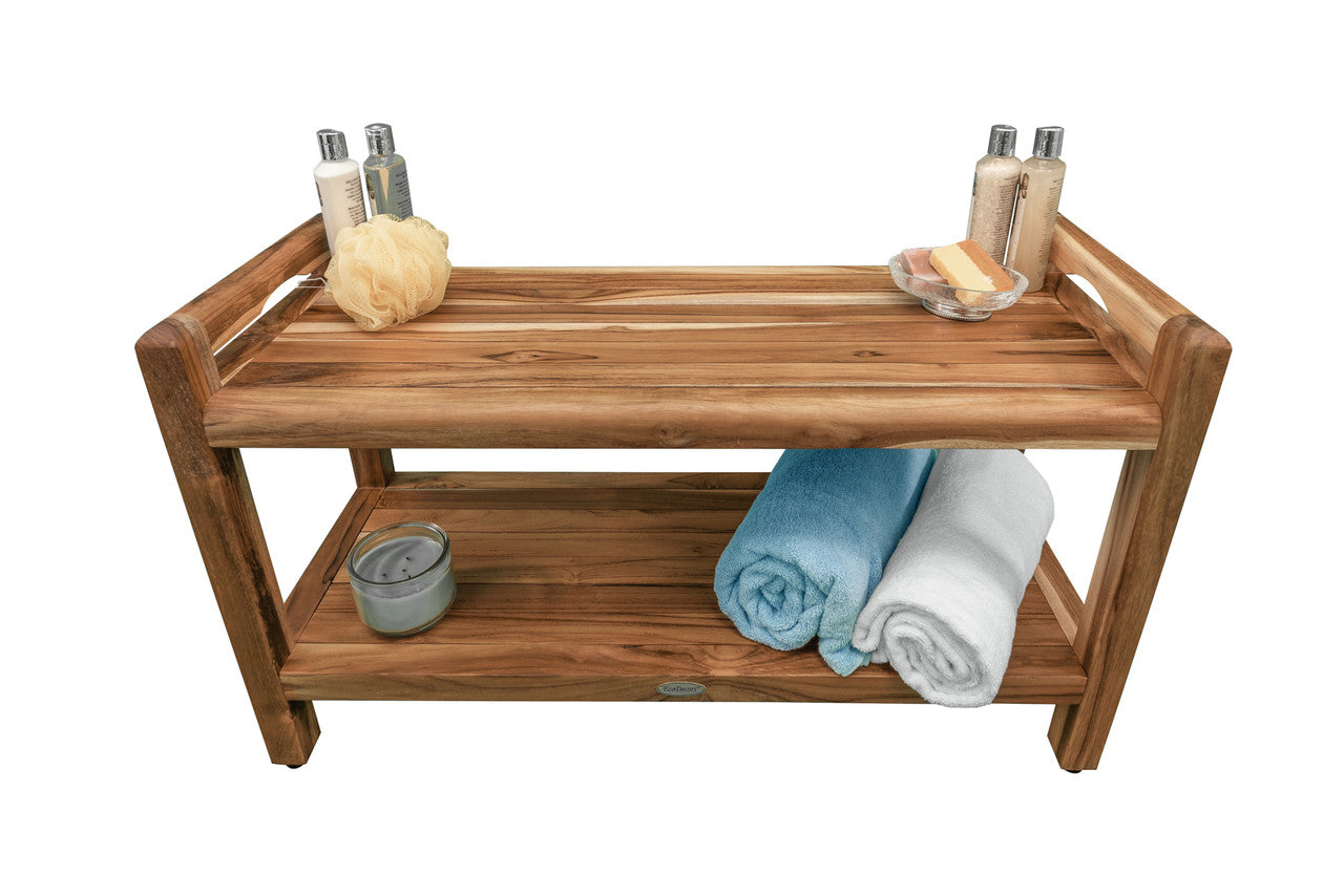 EcoDecors® Eleganto® 35" Teak Wood Shower Bench with LiftAide® Arms and Shelf in EarthyTeak Finish