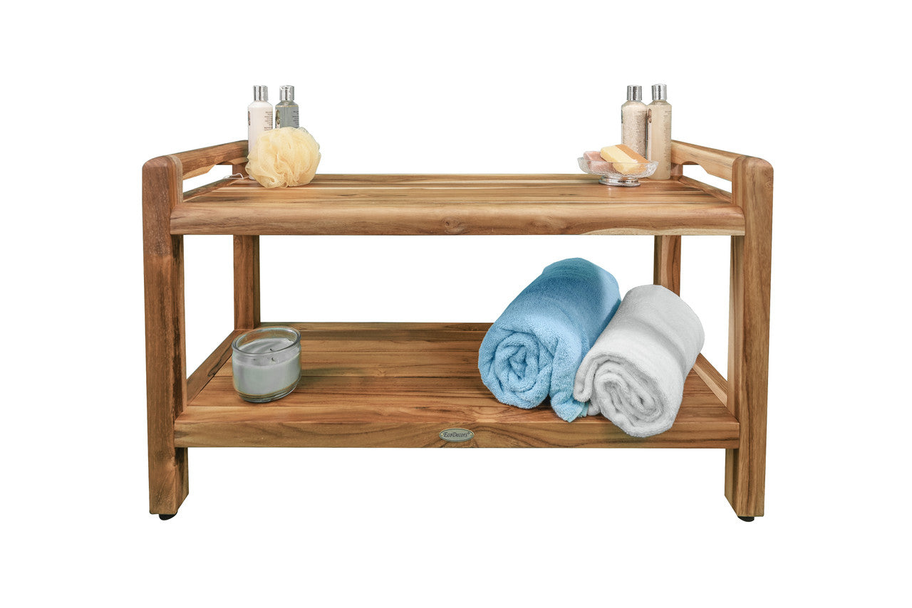 EcoDecors® Eleganto® 35" Teak Wood Shower Bench with LiftAide® Arms and Shelf in EarthyTeak Finish