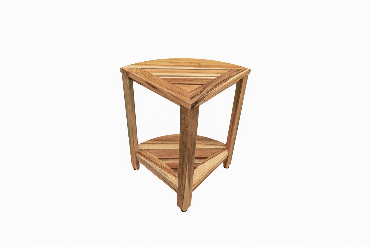 EcoDecors® SnazzyCorner® 18" Teak Wood Corner Shower Bench with Shelf in EarthyTeak Finish With 32 oz. Loveable Teak Cleaner