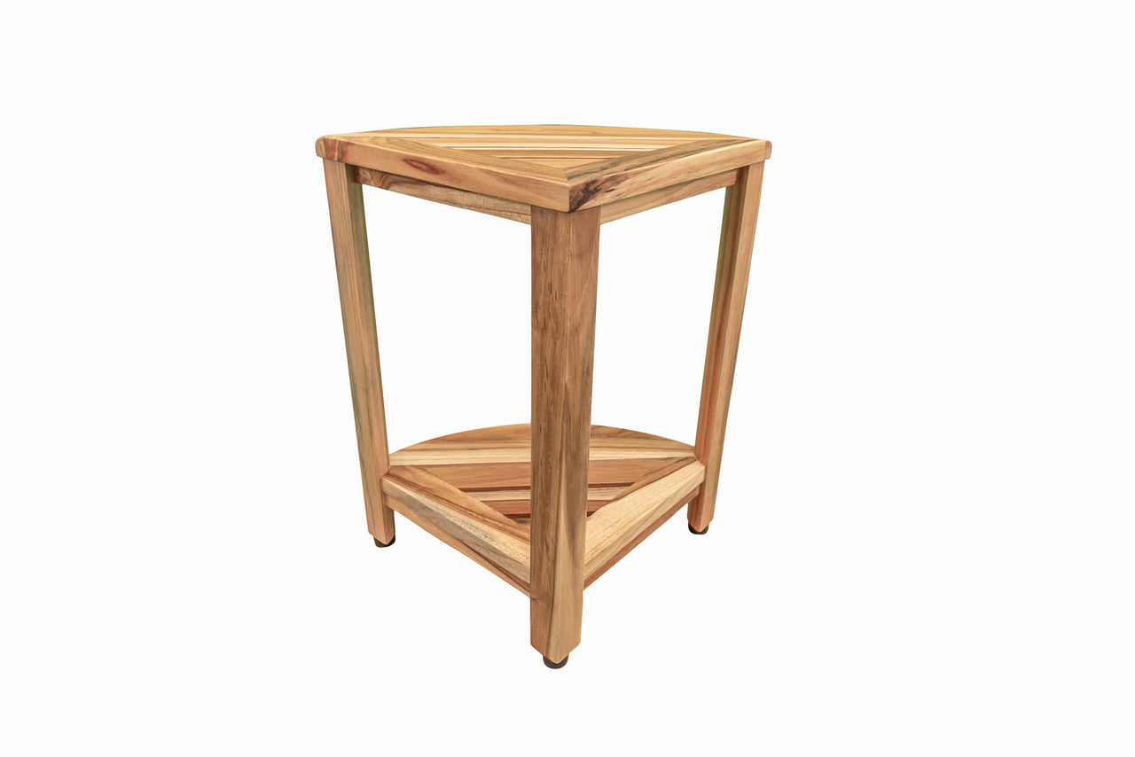 EcoDecors® SnazzyCorner® 18" Teak Wood Corner Shower Bench with Shelf in EarthyTeak Finish With 32 oz. Loveable Teak Cleaner