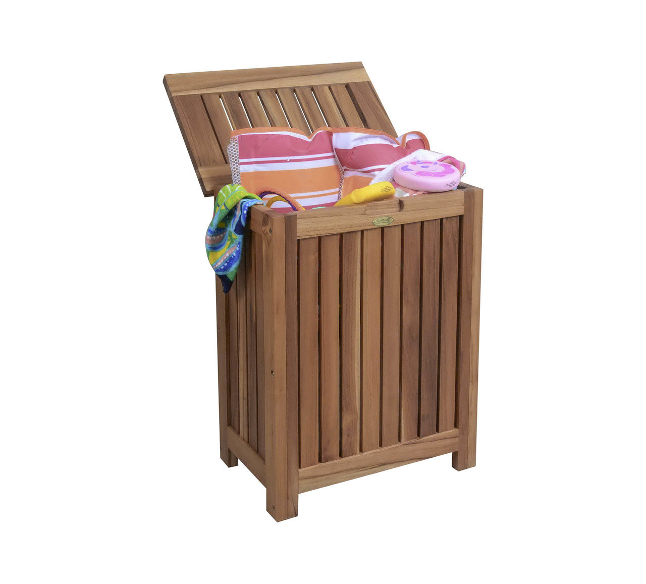 EcoDecors® Eleganto® 18" Teak Wood Double Laundry Storage Hamper with Removable Bags in EarthyTeak Finish